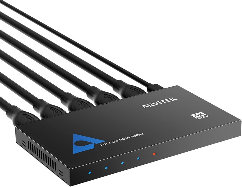 Arvitek 4K HDMI Splitter 1 in 4 Out, 1×4 Powered HDMI Splitter for TV, Monitor, Xbox, PS4/5, PC, Laptop, 4Kx2K@30Hz 3D Full HD, Mirror Only (Not a Switch), Metal Housing - Image 1